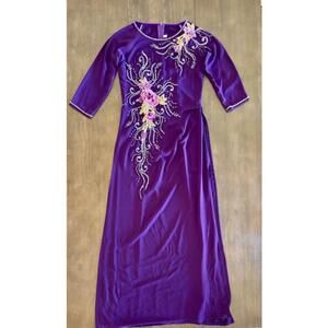Women’s Vietnamese Áo Dài Dress Purple Beaded Floral Embroidery Size L